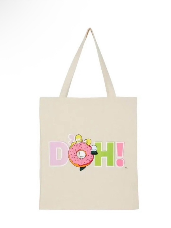 Handbags - DOH! Cartoon Donut Graphic Canvas Tote Bag in Cream